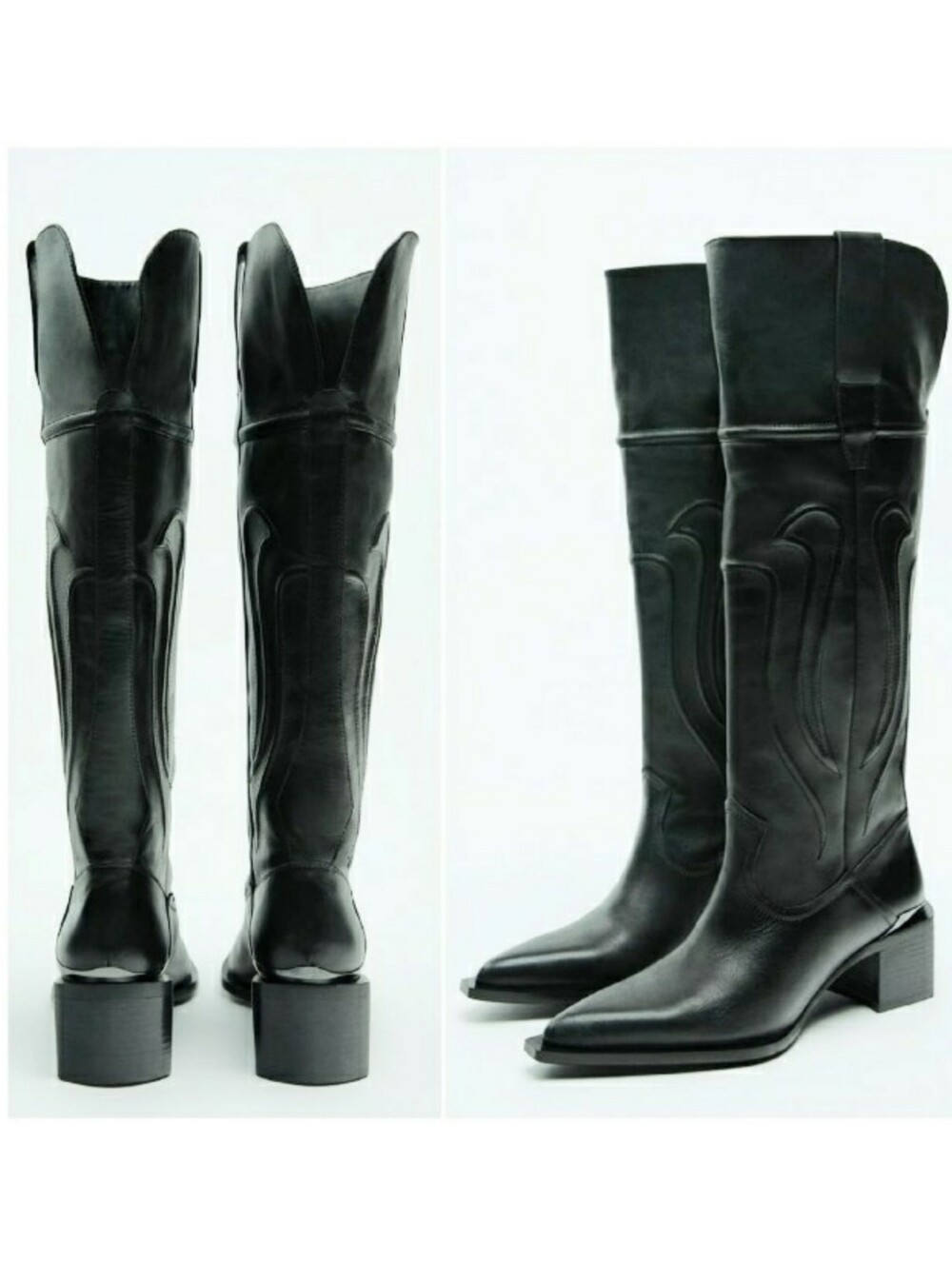 Zara black leather knee-high cowboy Western boots Size 38 7.5 - Picture 2 of 9